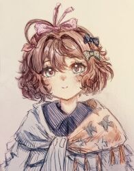 Rule 34 | 1girl, ahoge, astra (aaastraaaa), blue bow, blue dress, blue eyes, blue scarf, bow, brown hair, closed mouth, collared dress, dress, flutterpage, hair bow, highres, looking at viewer, multiple hair bows, orange scarf, pink bow, red bow, reverse:1999, scarf, short hair, smile, solo, two-tone scarf, upper body, yellow background