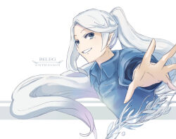 Rule 34 | 1boy, beleg, blue eyes, character name, collar, elf, eyebrows hidden by hair, floating hair, grey hair, looking at viewer, male focus, parted lips, pixiv id 43894224, pointy ears, smile, solo, teeth, the silmarillion, tolkien&#039;s legendarium, upper body, wing collar