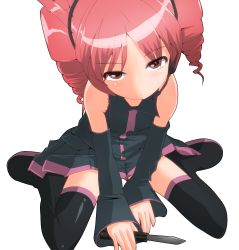 1girl balisong detached_sleeves drill_hair female_focus frown full_body hangaku headset highres kasane_teto kasane_teto_(utau) knife pink_eyes pink_hair sitting solo thighhighs transparent_background twin_drills twintails utau vocaloid weapon
