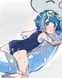 1girl ass blue_eyes blue_hair blush dragonair gen_1_pokemon goggles goggles_on_head highres lana_(pokemon) loli looking_at_viewer looking_down nintendo one-piece_swimsuit open_mouth pokemon pokemon_(creature) pokemon_sm slime solo straddling suggestive_fluid swimsuit wantacchi