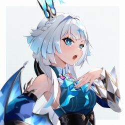 Rule 34 | 1girl, absurdres, bare shoulders, blue eyes, blue sleeves, cerydra (honkai: star rail), chen kang, commentary request, crown, detached sleeves, diamond-shaped pupils, diamond (shape), grey background, grey hair, hair intakes, hand on own chest, highres, honkai: star rail, honkai (series), long sleeves, looking at viewer, mini crown, open mouth, simple background, solo, symbol-shaped pupils, upper body