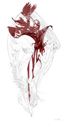 absurdres bandaid bird blood highres lineart long_hair monochrome original standing very_long_hair watermark weibo_7548498834 weibo_watermark
