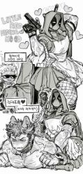 1girl 2boys afro alternate_costume animal_ears arm_hair bara basket bdsm big_bad_wolf big_bad_wolf_(cosplay) blind_al blush bow bowtie breath chain chain_leash chest_hair claw_(weapon) collar commentary_request cosplay couple deadpool deadpool_&amp;_wolverine deadpool_(series) dishing dress facial_hair fishnets gloves greyscale gun halloween halloween_costume heart holding holding_gun holding_leash holding_weapon hood hood_up katana korean_commentary large_pectorals leash little_red_riding_hood_(fairy_tale) little_red_riding_hood_(fairy_tale_character)_(cosplay) little_red_riding_hood_(fairy_tale_character) looking_at_another lying marvel marvel_cinematic_universe mask monochrome multiple_boys muscular muscular_male old old_woman on_stomach one_eye_closed open_mouth pectorals restrained riding scar scars_all_over short_hair spreader_bar sunglasses sweatdrop sword sword_on_back teeth too_many topless_male translation_request veins veiny_arms weapon weapon_on_back wolf_boy wolf_ears wolverine_(x-men) x-men yaoi