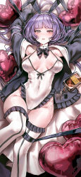 Rule 34 | 1girl, absurdres, animal ears, arms behind head, arms up, balloon, bed sheet, black jacket, blunt bangs, bound, bound arms, bound legs, bow, bowtie, breasts, breasts apart, covered navel, detached collar, face piercing, fake animal ears, frilled leotard, frilled thighhighs, frills, hair ornament, hairband, hairclip, heart balloon, heterochromia, highleg, highleg leotard, highres, jacket, large breasts, leotard, lip piercing, long hair, looking at viewer, lying, on back, open clothes, open jacket, open mouth, original, piercing, playboy bunny, purple hair, rabbit ears, red eyes, solo, someang, spaghetti strap, sweat, thighhighs, thighs, vin (someang), white eyes, white leotard, white thighhighs