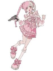 1girl :d artistic_error bare_shoulders blush bow bow_skirt bright_pupils buttons center_frills clenched_hand collar cross-laced_clothes cross-laced_skirt drill_hair ear_piercing extra_digits footwear_bow frilled_collar frilled_sleeves frilled_socks frills full_body gun hair_bow hands_up heart heart_collar high-waist_skirt highres holding holding_gun holding_weapon hoshimura_yumea kneehighs knees_together_feet_apart leaning_to_the_side long_sleeves looking_at_viewer multicolored_hair nail_polish off-shoulder_shirt off_shoulder open_mouth original piercing pink_bow pink_eyes pink_hair pink_nails pink_shoes pink_skirt puffy_long_sleeves puffy_sleeves shirt shirt_bow shirt_tucked_in shoelaces shoes simple_background skirt smile socks solo split-color_hair standing standing_on_one_leg tongue twin_drills two-tone_hair weapon white_background white_collar white_hair white_pupils white_shirt white_socks