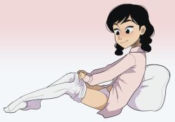 Rule 34 | 1girl, black eyes, black hair, braid, closed mouth, clothes pull, collared shirt, dc comics, from side, full body, gradient background, highres, lewdtime, looking down, medium hair, panties, pantyhose, pantyhose pull, pillow, roberta lee, shirt, sitting, smile, solo, superman (series), superman smashes the klan, twin braids, underwear, undressing, white pantyhose