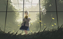 1girl backlighting blue_skirt choppy_bangs coat collared_shirt day flower from_side grass greenhouse grey_eyes halo highres holding holding_flower laluna light_frown off_shoulder open_clothes open_coat original outdoors pleated_skirt robot sad shirt short_hair skirt solo split_mouth sunlight tree white_coat white_hair white_halo white_shirt wide_shot wind window yellow_flower