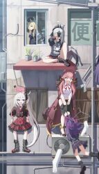 6+girls absurdres aru_(blue_archive) black_hair blonde_hair blue_archive full_body garados_(limmjiiiminnn99) grey_hair haruka_(blue_archive) highres horns japanese_text kanna_(blue_archive) kayoko_(blue_archive) multicolored_hair multiple_girls mutsuki_(blue_archive) pink_hair school_uniform shirt sitting socks standing twitter two-tone_hair valkyrie_police_academy_student_(blue_archive) white_hair white_shirt window