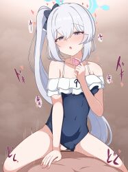 1boy 1girl absurdres bar_censor blue_archive blue_halo casual_one-piece_swimsuit censored clothing_aside condom condom_wrapper covered_navel frilled_one-piece_swimsuit frills girl_on_top halo heart hetero highres holding holding_condom looking_at_viewer milliani miyako_(blue_archive) miyako_(swimsuit)_(blue_archive) off-shoulder_one-piece_swimsuit off_shoulder official_alternate_costume one-piece_swimsuit reverse_cowgirl_position sex solo_focus straddling swimsuit swimsuit_aside vaginal