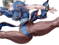 1girl absurdres auge_(akd) bracelet bun_cover capcom china_dress chinese_clothes chun-li commentary covered_erect_nipples double_bun dress hair_bun highres jewelry pantyhose puffy_short_sleeves puffy_sleeves short_sleeves simple_background solo spiked_bracelet spikes street_fighter street_fighter_iii_(series) white_background