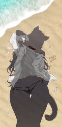 1girl absurdres animal_collar animal_ears artist_name beach bell bikini bikini_bottom_only black_bikini cat_ears cat_girl cat_tail collar dressed_shadow_(meme) highres long_hair meme myth1carts neck_bell nijisanji nijisanji_en red_collar scarle_yonaguni scarle_yonaguni_(4th_costume) shell shirt side-tie_bikini_bottom solo swimsuit tail thigh_gap unworn_collar unworn_shirt virtual_youtuber water white_shirt