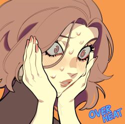 1girl absurdres blush brown_eyes brown_hair character_request close-up commentary english_commentary english_text eyelashes fingernails highres holding_detached_head hot lips medium_hair orange_background original parted_bangs parted_lips pink_nails porqueloin simple_background solo sweat