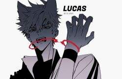 animal_ears cuffs greyscale hair_between_eyes hand_up handcuffs highres looking_at_viewer lu_guang male_focus monochrome mrsseven745 open_mouth shiguang_dailiren shirt short_hair simple_background solo spiked_hair sportswear spot_color teeth tongue upper_body