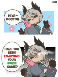 Rule 34 | 1girl, absurdres, arknights, artist name, bird girl, closed eyes, commentary, dark-skinned female, dark skin, english commentary, english text, extra arms, feather hair, flower, gloves, grey hair, hair flower, hair ornament, head wings, highres, kuhl-notes, long sleeves, looking at viewer, mechanical arms, one eye closed, open mouth, pink gloves, raidian (arknights), shaded face, short hair, smile, solo, unusually open eyes, upper body, wings