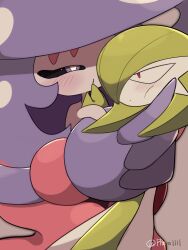 a-nya artist_name black_sclera blush bob_cut colored_sclera colored_skin dress gardevoir gen_3_pokemon gen_8_pokemon green_hair hatterene highres multicolored_hair multicolored_skin nintendo pink_skin pokemon pokemon_(creature) prehensile_hair red_eyes simple_background squeezing_cheeks two-tone_skin white_dress white_skin