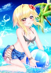 1girl absurdres alternate_costume ball bare_shoulders beachball bikini black_bikini black_bow blonde_hair blue_sky blurry blurry_background blush bow bow_bikini breasts cleavage collarbone commentary_request day denim denim_shorts eyelashes eyes_visible_through_hair floating_hair flower foot_out_of_frame hair_flower hair_ornament halterneck highres holding holding_ball holding_beachball jewelry kin-iro_loveriche looking_at_viewer medium_breasts medium_hair necklace ocean open_mouth outdoors palm_tree red_eyes red_flower shorts sidelocks signature single_hair_intake sitting sky smile solo souma_ria swimsuit tamamo_(1_tamamo) tree wariza water water_drop