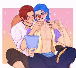 2boys blue_eyes blue_hair blue_pants blush border brown_pants buggy_the_clown clown_nose cosmetics hat_on_back highres holding holding_lipstick_tube lipstick_tube male_focus multiple_boys one_piece open_mouth pants pectorals red_hair shanks_(one_piece) shirt sparkle vamos_mk white_border white_shirt yaoi
