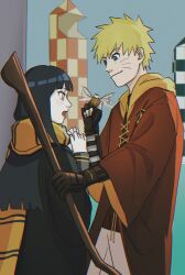 1boy 1girl :o black_hair blonde_hair blush broom facial_mark golden_snitch grey_background grey_eyes gryffindor highres hyuuga_hinata long_hair naruto_(series) naruto_shippuuden notane_n orange_scarf outdoors pants quidditch red_robe robe scarf short_hair simple_background smile striped_clothes striped_scarf uzumaki_naruto whisker_markings white_pants wizarding_world