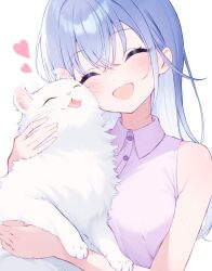 1girl ^_^ animal bare_shoulders blue_hair blush breasts cat closed_eyes hair_between_eyes heart highres holding holding_animal hug idolmaster idolmaster_shiny_colors idolmaster_shiny_colors_song_for_prism long_hair medium_breasts open_mouth purple_shirt shirasato_(phzm8733) shirt simple_background sleeveless sleeveless_shirt smile solo straight_hair suzuki_hana upper_body very_long_hair white_background white_cat