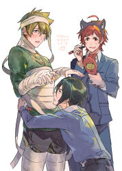 3boys ahoge animal_ears bandaged_hand bandaged_head bandaged_leg bandaged_neck bandages black_hair black_pants blonde_hair blue_eyes blue_pants blue_shirt blush commentary_request cowboy_shot drawn_mustache fake_animal_ears green_necktie green_sweater grey_jacket hair_between_eyes halloween halloween_costume holding holding_mirror idolmaster idolmaster_side-m jacket kashiwagi_tsubasa looking_at_another looking_at_mirror male_focus marker mirror multiple_boys nana_tetra necktie open_mouth pants red_eyes red_hair sakuraba_kaoru shirt simple_background sweater tendo_teru white_background white_shirt
