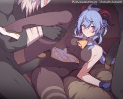 1girl 2boys ahoge animated animated_gif bell blue_gloves blue_hair blush breasts breasts_apart brown_leotard brown_pantyhose covered_erect_nipples ganyu_(genshin_impact) genshin_impact gloves hair_between_eyes hetero hilichurl_(genshin_impact) leg_up leotard long_hair lying medium_breasts multiple_boys neck_bell on_back pantyhose parted_lips penis purple_eyes shoe_dangle shoes thigh_grab uncensored waero white_footwear