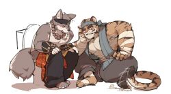 2boys abs animal_ears bara betnone_(threefold_recital) blush chinese_commentary claws clenched_teeth closed_eyes clothes_pull commentary_request furry furry_male head_on_hand highres indian_style looking_to_the_side male_focus multiple_boys muscular muscular_male pants pants_pull pectorals sigh sitting tail teeth threefold_recital tiger_boy tiger_ears tiger_stripes tiger_tail toilet toilet_use triratna_(threefold_recital) white_background wolf_boy wolf_ears wolf_tail xyuu