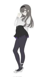 1girl adjusting_eyewear arknights bespectacled black-framed_eyewear black_hair black_hairband black_pantyhose black_skirt closed_mouth commentary corrupted_twitter_file derivative_work dr.deims_(dim5s) english_commentary flat_color full_body glasses grey_shirt grey_shoes hairband highres long_hair long_sleeves miniskirt pantyhose pleated_skirt priestess_(arknights) purple_eyes shirt shoes simple_background skirt smile solo split_mouth standing white_background
