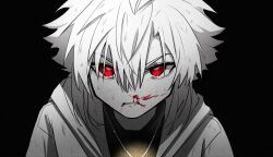 1boy alternate_universe angry arms_at_sides bags_under_eyes black_background blood chara_(undertale) chinese_commentary clenched_teeth commentary_request double-parted_bangs film_grain flipped_hair from_above glowing greyscale hair_between_eyes hanbaobaobaozhu highres hood hood_down hooded_jacket jacket jewelry looking_at_viewer male_focus monochrome necklace nosebleed open_clothes open_jacket portrait red_eyes short_hair simple_background solo spot_color straight-on sweater teeth tsurime turtleneck turtleneck_sweater undertale v-shaped_eyebrows xtale