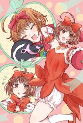 1girl ahoge akai_ringo_(tokyo_mew_mew) apple appletick bird bloomers blueskytake bow brown_eyes brown_hair choker commentary_request detached_sleeves dress food fruit hair_bow heart highres holding looking_at_viewer magical_girl mew_ringo multiple_views penguin puffy_detached_sleeves puffy_sleeves red_choker red_dress short_hair tokyo_mew_mew underwear white_bloomers