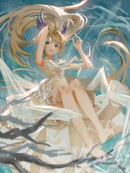 1girl alternate_costume armpits arms_up bare_arms bare_legs bare_tree barefoot blonde_hair bow bowtie breasts dress enna_alouette feathered_wings floating_clothes floating_hair foot_up frilled_dress frills full_body head_wings highres light_blush long_hair looking_at_viewer nijisanji nijisanji_en open_mouth purple_eyes purple_wings sawayaka_(swyk_a4) sidelighting sidelocks sitting sleeveless sleeveless_dress small_breasts smile solo splashing thigh_strap transparent_ribbon tree very_long_hair virtual_youtuber water waves white_bow white_bowtie white_dress wings