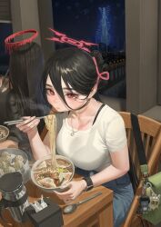 Rule 34 | 2girls, absurdres, alternate costume, alternate hairstyle, black hair, black shirt, blue archive, blush, bra visible through clothes, breasts, chopsticks, cityscape, denim, eating, food, food in mouth, hair between eyes, hair bun, halo, hasumi (blue archive), highres, holding, holding chopsticks, hyeonjong8, indoors, jeans, large breasts, long bangs, long hair, mole, mole under eye, multiple girls, noodles, pants, ramen, red eyes, red halo, shirt, sitting, t-shirt, tsurugi (blue archive), white shirt
