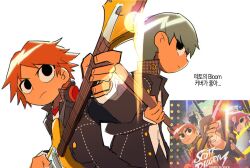 Rule 34 | 2boys, grey hair, guitar, hanamura yousuke, headphones, headphones around neck, holding, holding guitar, holding instrument, instrument, multiple boys, narukami yu, nt 26, official art inset, parody, persona, persona 4, ramona flowers, school uniform, scott pilgrim, scott pilgrim (series), scott pilgrim takes off, yasogami school uniform
