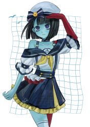 Rule 34 | 1girl, alternate costume, black hair, blue skin, blunt bangs, blunt ends, bob cut, colored skin, ena: dream bbq, ena (dream bbq), ena (series), ena (species), hangover ena, hat, highres, hourglass dog, multicolored skin, red skin, shirt, short sleeves, solo, two-tone skin, usagimarumei