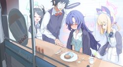 1boy 3girls ^_^ absurdres animal_ear_headphones animal_ears apron aris_(blue_archive) aris_(maid)_(blue_archive) black_hair blonde_hair blue_archive blush bow bowtie butler cat_ear_headphones closed_eyes commentary convenience_store doodle_sensei_(blue_archive) elbow_carry english_commentary fake_animal_ears gyool halo headphones highres incredibly_absurdres maid maid_apron maid_headdress momoi_(blue_archive) momoi_(maid)_(blue_archive) multiple_girls nose_blush official_alternate_costume paper_on_head purple_hair red_bow red_bowtie sensei_(blue_archive) shop smile yuuka_(blue_archive) yuuka_(pajamas)_(blue_archive)