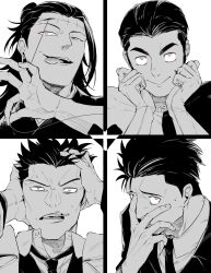 4boys :&gt; black_hair covering_face getou_suguru getou_suguru_(kenjaku) gloves greyscale hair_slicked_back hand_in_own_hair hand_on_own_chin heart heart-shaped_pupils highres higuruma_hiromi jujutsu_kaisen kusakabe_atsuya long_hair male_focus monochrome multiple_boys necktie parted_lips pink_eyes plug_(piercing) sake_(kadai) spot_color stitches string_pull symbol-shaped_pupils takaba_fumihiko thick_eyebrows tongue tongue_out upper_body