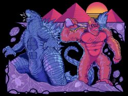 ape axe battle_axe bone bone_axe bone_weapon building burning_axe cairo christian_gonzales crossover dinosaur egypt flaming_weapon fossil giant giant_monster gills glowing glowing_axe glowing_spikes glowing_veins glowing_weapon godzilla godzilla_(series) godzilla_x_kong:_the_new_empire gorilla great_pyramid_of_giza highres infant_island&#039;s_kai_kotsu kaiju king_kong king_kong&#039;s_battle_axe king_kong_(series) legendary_pictures monster monsterverse mothra_vs._godzilla muscular muscular_male mystery_bones_of_infant_island no_humans official_art omanyte_(animal) open_mouth pectorals pyramid pyramid_(structure) real_world_location roaring scar scar_on_chest scar_on_stomach skeleton spikes sun tail toho tongue trilobite veins veiny_spikes warner_bros weapon