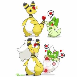 &gt;_&lt; +_+ ampharos animated closed_eyes commentary_request forehead_jewel gen_2_pokemon heart looping_animation mega_ampharos mega_pokemon nintendo no_humans open_mouth outstretched_arms pokemon pokemon_(creature) red_eyes signature smile spoken_object sprigatito tagme tail taro_(tontaro) twitter_username video white_fur
