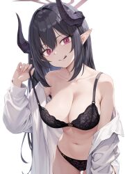 1girl :q bare_shoulders black_bra black_hair black_horns black_panties blue_archive blush bra breasts chiaki_(blue_archive) cleavage collarbone commentary_request curved_horns demon_girl demon_horns halo highres horns lace lace_bra lace_panties large_breasts licking_lips lingerie long_hair long_sleeves looking_at_viewer navel off_shoulder open_clothes open_shirt panties pointy_ears pulling_own_clothes red_eyes red_halo ryouta_(ryouta335) shirt slit_pupils smile solo strap_pull tongue tongue_out underwear white_shirt