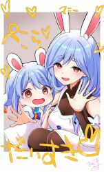 2girls :d animal_ears bare_shoulders blue_hair border braid breasts brown_pantyhose carrot_hair_ornament collared_dress commentary_request detached_sleeves dress food-themed_hair_ornament grey_background hair_ornament highres hololive kiritoma large_breasts long_hair long_sleeves looking_at_viewer mother_and_daughter multicolored_hair multiple_girls open_mouth pantyhose pekomama puffy_short_sleeves puffy_sleeves rabbit-shaped_pupils rabbit_ears red_eyes short_eyebrows short_sleeves signature smile squatting symbol-shaped_pupils thick_eyebrows twin_braids twintails two-tone_hair usada_pekora very_long_hair virtual_youtuber white_border white_dress white_hair white_sleeves