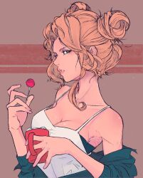 1girl bare_shoulders blonde_hair breasts bright_pupils brown_background candy cleavage clothes_pull collarbone commentary cup elliemaplefox english_commentary food green_jacket grey_eyes highres holding holding_candy holding_cup holding_food holding_lollipop jacket jacket_pull lips lollipop long_hair looking_at_viewer medium_breasts original parted_lips pink_lips shirt solo tank_top upper_body white_pupils white_shirt white_tank_top