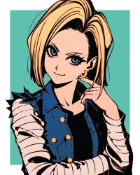 1girl android_18 black_shirt blonde_hair blue_jacket blunt_ends bob_cut boots breasts closed_mouth commentary denim_vest dragon_ball dragonball_z earrings english_commentary eyelashes finger_to_cheek green_background green_eyes hand_on_own_arm high_contrast hoop_earrings index_finger_raised jacket jewelry light_smile long_sleeves looking_at_viewer loose_hair_strand medium_breasts moshimoshibe open_clothes open_jacket outside_border paper_texture shirt short_hair simple_background smile solo striped_sleeves torn_clothes torn_jacket torn_vest upper_body white_boots white_shirt