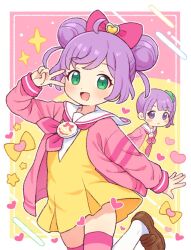 2girls ahoge bow brown_shoes cardigan censored commentary_request double_bun dress green_eyes hair_bow hair_bun heart heart_censor loafers long_sleeves looking_at_viewer manaka_laala manaka_laala_(normal) manaka_non manaka_non_(normal) multiple_girls neckerchief onyhakase open_mouth outline paprika_private_academy_school_uniform pink_bow pink_cardigan pink_neckerchief pink_thighhighs pretty_series pripara purple_eyes purple_hair sailor_collar sailor_dress school_uniform shoes short_hair siblings sisters smile solo_focus thighhighs two_side_up v white_outline white_sailor_collar yellow_dress