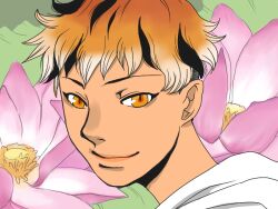 1girl androgynous black_hair closed_mouth commentary_request flower green_background looking_at_viewer lotus onikobe_rin orange_eyes orange_hair pink_flower portrait short_hair smile solo toramaru_shou touhou undercut very_short_hair