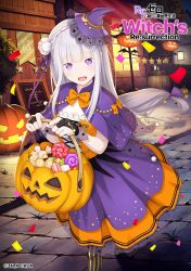 1girl :d artist_request black_bridal_gauntlets black_thighhighs blue_pupils blunt_bangs bow bowtie braid breasts bridal_gauntlets bucket building candy capelet cleavage confetti copyright_name copyright_notice crown_braid dress elf emilia_(re:zero) flower food grey_hair hair_bow hair_flower hair_ornament hair_ribbon halloween halloween_bucket halloween_costume hat highres holding holding_bucket jack-o&#039;-lantern light_blush lollipop long_hair looking_at_viewer medium_breasts medium_dress mini_hat mini_witch_hat night official_art open_mouth orange_bow orange_bowtie orange_dress outdoors pointy_ears purple_bow purple_capelet purple_dress purple_eyes purple_hat purple_ribbon re:zero_kara_hajimeru_isekai_seikatsu re:zero_kara_hajimeru_isekai_seikatsu_witch&#039;s_re:surrection ribbon road sidelocks smile solo strapless strapless_dress street striped_clothes striped_thighhighs swirl_lollipop teeth thighhighs two-tone_dress upper_teeth_only vertical-striped_clothes vertical-striped_thighhighs walking white_flower witch_hat