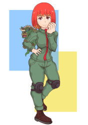 1girl blue_background bones_(company) brown_eyes chibi claws female_shiva_soldier godzilla_(series) godzilla_singular_point horns kaiju knee_pads kotatuman_dash looking_at_viewer military military_uniform monster multicolored_hair no_pupils open_mouth orange_(company) orange_hair red_hair salunga sharp_teeth simple_background single_horn smile spikes tail teeth toho tongue two-tone_hair white_background white_eyes yellow_background