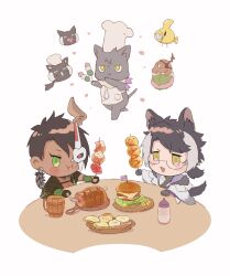 2boys :d :i absurdres animal animal_ears apple apron aragami_oga arm_warmers baby_bottle beer_mug black_gloves black_hair black_kimono blush_stickers boned_meat bottle bread burger capelet cheese chef_hat chibi chungami clothed_animal cup dango dark-skinned_male dark_skin detached_collar earrings eating fang feather_earrings feathers food food_bite food_on_face french_fries fruit fur-trimmed_capelet fur_trim glasses gloves green_eyes grey_cat hadanugi_dousa hair_over_one_eye half_mask hat highres holding holding_skewer holostars horns igote jackal_boy jackal_ears jackal_tail japanese_clothes jewelry kageyama_shien kimono koyama_(kageyama_shien) low_ponytail mafia_(holostars) mask meat medium_hair mochi mug multicolored_hair multiple_boys nakayama_(kageyama_shien) nekoyama_shien official_alternate_costume open_clothes open_kimono open_mouth partially_fingerless_gloves petals plate ponytail sakura_mochi sanshoku_dango short_hair simple_background single_horn skewer skin_fang sleepymondays smile strawberry swept_bangs table tail takoyaki two-tone_hair upper_body virtual_youtuber wagashi white_apron white_background white_capelet white_hair white_kimono wide_sleeves yellow_eyes
