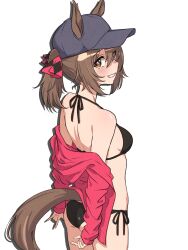 1girl alternate_hairstyle animal_ears ass bikini black_bikini breasts brown_hair grin hair_between_eyes hair_ornament hat highres horse_ears horse_girl horse_tail jacket looking_at_viewer looking_back simple_background small_breasts smart_falcon_(umamusume) smile solo swimsuit tail umamusume wa_(wamizest7) white_background