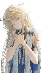 1girl absurdres artist_logo bare_shoulders black_collar blonde_hair blue_eyes cartethyia_(wuthering_waves) closed_mouth collar crown_of_thorns cryne earrings head_tilt highres jewelry light_blush logo long_hair looking_at_viewer one_eye_closed own_hands_together pointy_ears sidelocks simple_background smile solo tabard tacet_mark_(wuthering_waves) upper_body white_background white_tabard wuthering_waves