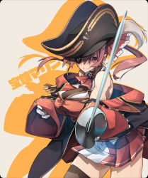 10mo 1girl arrow_through_heart ascot bare_shoulders bicorne black_coat breasts cleavage coat cutlass eyepatch hat heart heart-shaped_eyewear highres hololive hololive_fantasy houshou_marine large_breasts leotard leotard_under_clothes long_hair off_shoulder pirate pirate_hat pleated_skirt red_ascot red_eyes red_hair red_ribbon ribbon see-through_clothes see-through_cleavage skirt solo thighhighs twintails virtual_youtuber