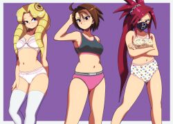 Rule 34 | 3girls, angry, arm at side, arm behind back, armpits, black mask, blonde hair, blue eyes, blush, bra, breasts, brown eyes, brown hair, capcom, cleavage, unworn clothes, collarbone, crossed arms, delinquent, drill hair, embarrassed, english text, euf-dreamer, eyelashes, female focus, hand on own thigh, hand up, highres, himezaki aoi, justice gakuen, kazama akira, kirishima yurika, legs, light smile, lingerie, long hair, mask, matching underwear, medium breasts, midriff, moero! justice gakuen, mouth mask, multiple girls, navel, neck, panties, parted bangs, ponytail, print bra, print panties, purple eyes, red hair, shiny clothes, shiny skin, shiritsu justice gakuen, short hair, sidelocks, spiked hair, standing, swept bangs, thighhighs, thighs, tsundere, twin drills, underwear, underwear only, very long hair, white bra, white panties, yellow bra